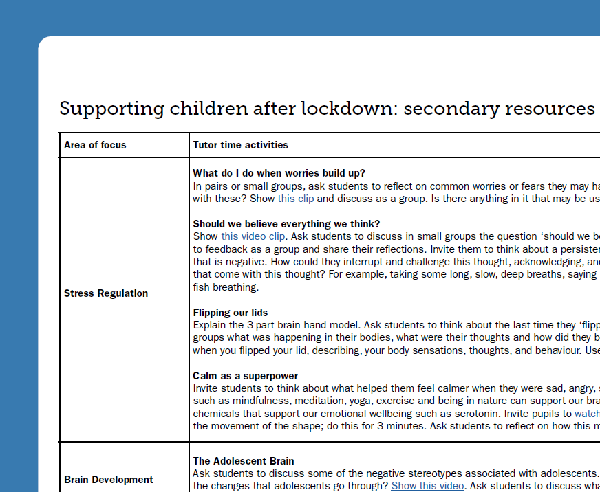 Supporting children after lockdown: secondary resources