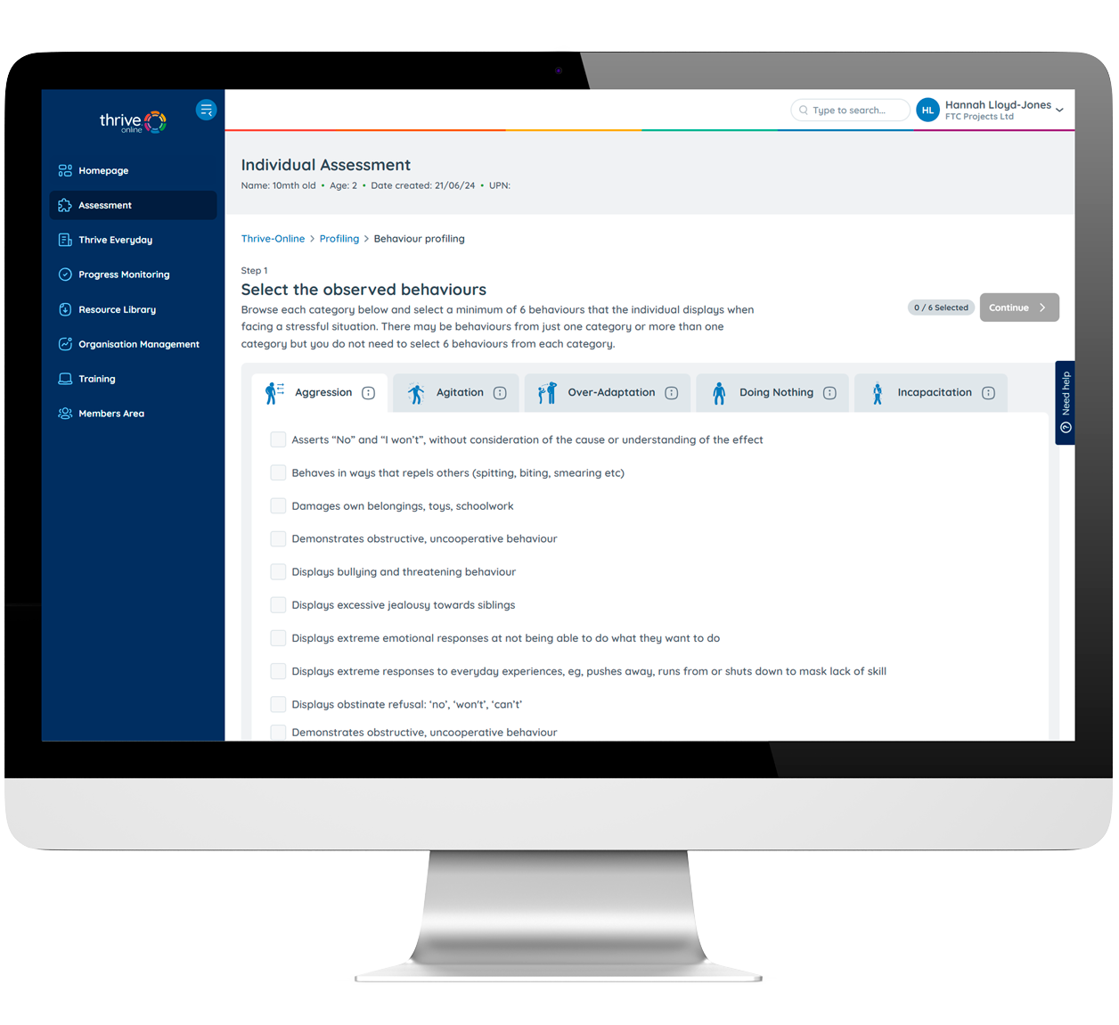 UI of Thrive-Online's behaviour profile showing the multiple choice assessment